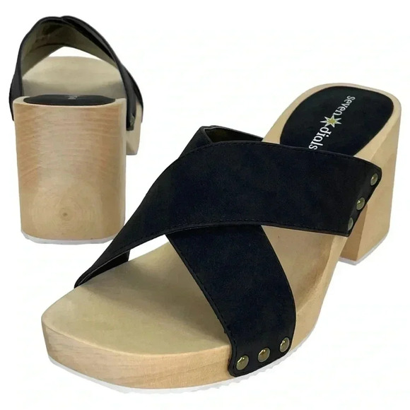 Seven Dials Malta Black Faux Leather Wooden Platform Womens Sandals Size 7.5M - Picture 9 of 11